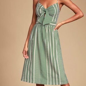 World Wonder Green Striped Tie-front Midi Dress